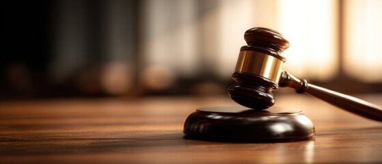 Wooden gavel and sound block on a table for legal justice and court
