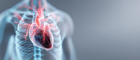 Medical illustration of a human heart and ribcage anatomy for educational use