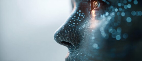 Close up of a face with digital circuits overlaid conceptual design