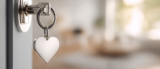 Heart shaped key hanging in a door lock symbolizing love and security