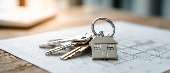 House keys with keychain resting on a blueprint architectural plan