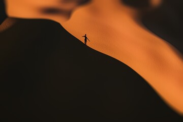 A solitary figure stands atop a sand dune, silhouetted against a vibrant orange sunset, creating a striking contrast with the dark sands.