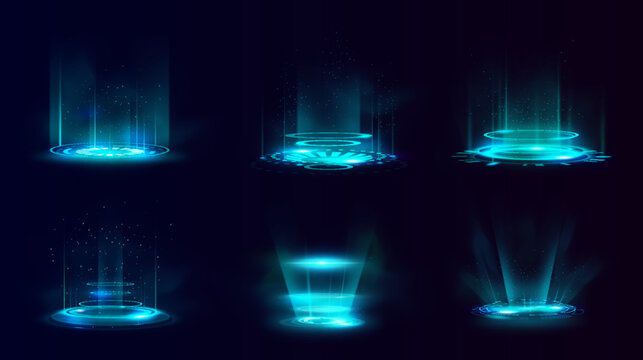 Blue hologram futuristic circle portal vector set, magic round teleport with glow rays and sparks, energy light rings