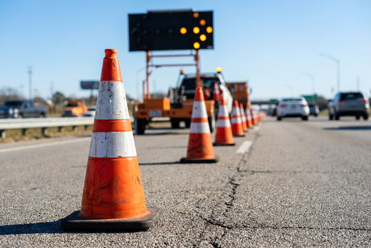 Road work ahead: a line of orange traffic cones guides cars on a busy highway, featuring a mobile arrow board warning drivers of a lane closure