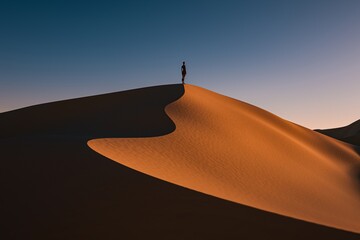 A solitary figure stands atop a sand dune, silhouetted against a vibrant orange sunset, creating a striking contrast with the dark sands.