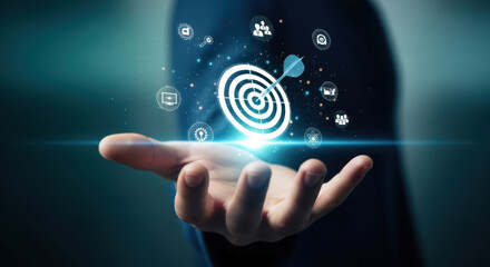 Achieving Business Goals A Conceptual Image of a Hand Presenting a Target with Icons Representing Strategy, Teamwork, and Technology for Success and Growth