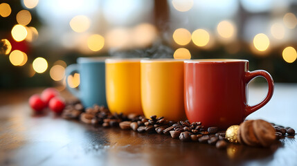 Obraz premium Warm cups of coffee sit on a wooden table with festive lights and coffee beans around during a cozy gathering