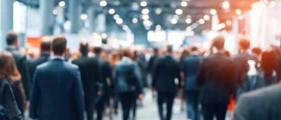 Naklejka premium Blurred crowd of people walking in hallway conference business event