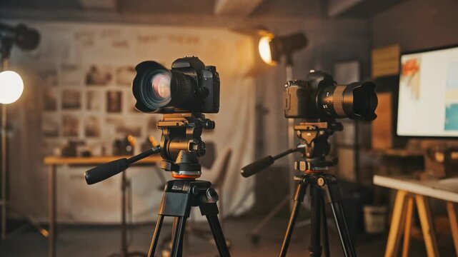 Professional camera setup in a photography studio with soft lighting and tripods
