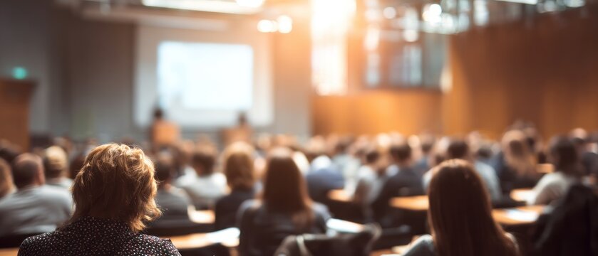 Audience in a lecture hall with presentation screen and sunlight