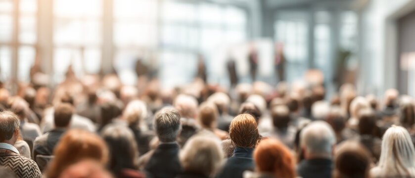 Audience at conference or event blurred attendees gathered together inside