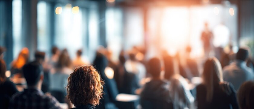 Blurred view of people attending a conference in an indoor setting with sunlight