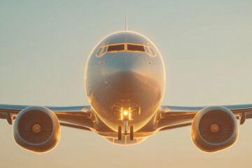 Close-up 3D wireframe rendering of a commercial airplane with glowing orange edges. A detailed wireframe model of a passenger jet aircraft is illuminated with warm orange light against a dark blue sky