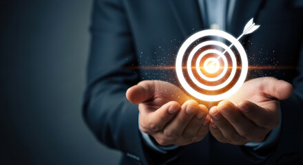 Achieving Business Goals A Focused Businessman's Hands Holding a Target Symbolizing Success, Precision, and Strategic Aim in a Competitive Market