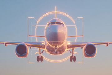 Front view of a commercial airplane with glowing orange radar circles in the sky at sunset. A modern passenger jet is depicted head-on, with abstract orange rings suggesting radar or navigation system