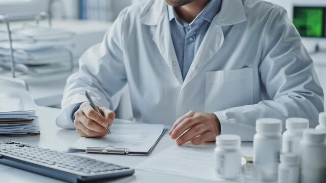Healthcare professional writing notes in a laboratory setting, capturing research and analysis work