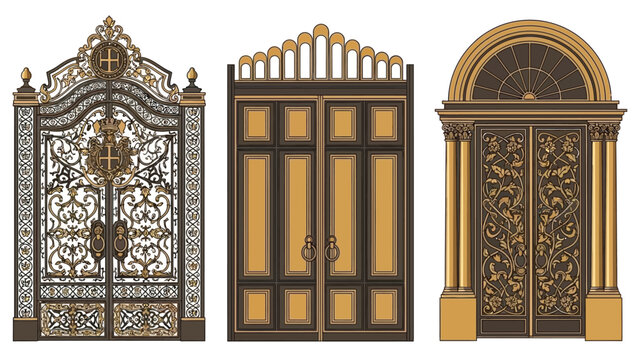 Three ornate golden doors with elaborate designs and intricate detailing showcased