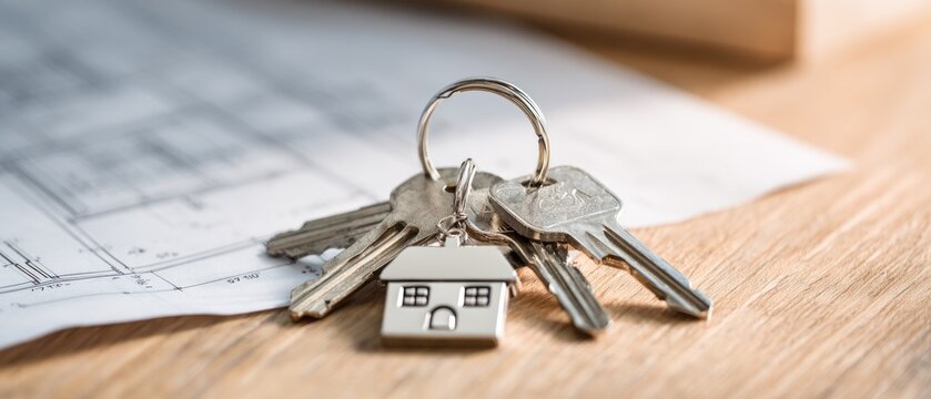 House keys with a house shaped key chain on a blueprint background