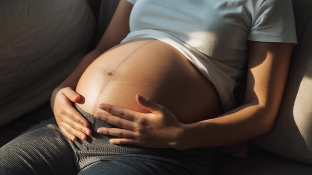 Expecting Mother Gently Cradling Baby Bump in Natural Light, Maternity Photography