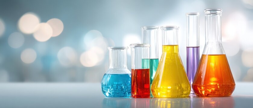 Colorful laboratory glassware filled with liquids science research concept