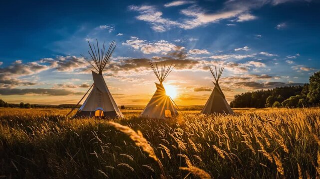 Breathtaking sunset over traditional teepees in a golden field, perfect for nature and culture lovers