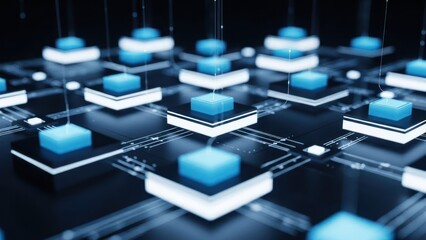 Abstract digital network nodes with glowing blue cubes and connections.