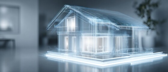 Architectural blueprint of modern house illuminated with conceptual lines