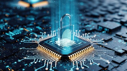 Digital security padlock with fingerprint on glowing circuit board background.