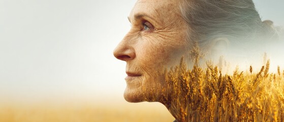 Elderly woman profile with wheat field composite concept of life and nature