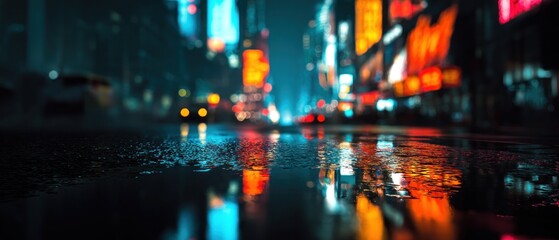 Night city street scene with glowing reflections of lights on wet pavement