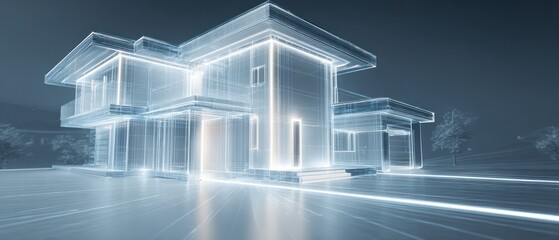 Modern architectural home rendered in neon light with futuristic design details