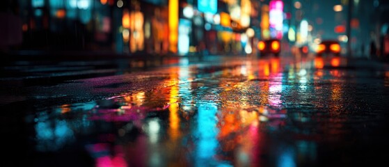 Night city street scene with reflections of neon lights on wet ground