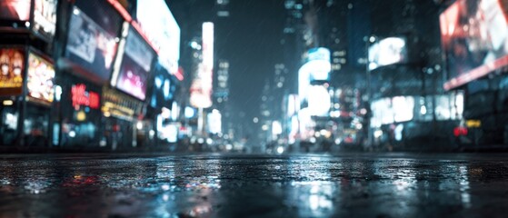 Night city street scene with illuminated buildings and wet pavement background