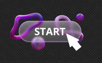 Fototapeta premium 3D glass morphism START button, vector UI, UX interface, transparent matt plate, arrow, purple gradient floating spheres
