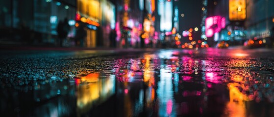 Night city street scene with wet ground reflecting neon lights and blurred background