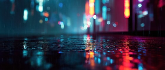 Abstract city street at night with reflections in puddles and colorful lights