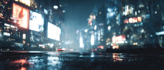 Night city street scene with illuminated buildings and reflections in water
