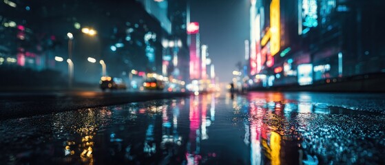 Night city street scene with reflections of lights in a puddle after the rain