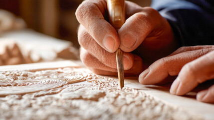 The skilled hands of the craftsman carve intricate wooden patterns with a traditional chisel in the warm light of the workshop
