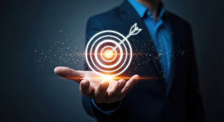 Achieving Business Goals A Man's Hand Presenting a Target with Arrow, Symbolizing Precision, Focus, and Success in Strategy, Marketing, and Career Development
