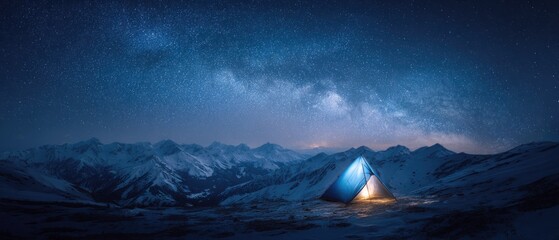 Nighttime camping scene with illuminated tent under starry sky above mountain range