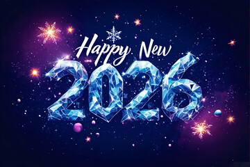 Happy New Year 2026 Festive Design Banner: Sparkling Faceted Blue and Purple Text with Glistening Snowflakes, Explosive Fireworks, Twinkling Stars and Cosmic Galaxy Bokeh on Deep Navy Background