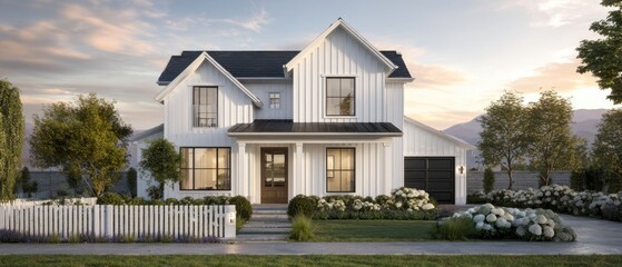 Modern two story house with white exterior and black roof day exterior scene