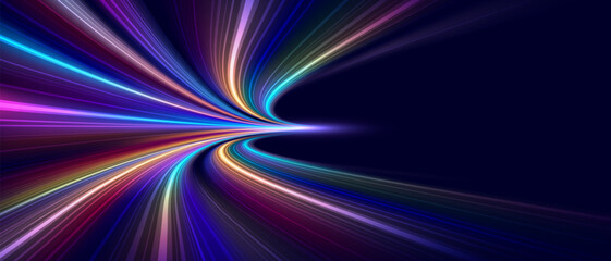 Modern abstract high speed movement with dynamic motion light trails, speed effect on dark blue background. Futuristic digital technology concept. Pattern for banner. Vector EPS10.