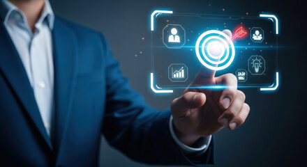 Achieving Business Goals A Man's Touch on a Digital Target Board with Icons Representing Strategy, Teamwork, Innovation, and Growth in a Modern Corporate Setting