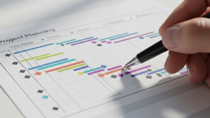 Hand pointing pen at colorful project planning gantt chart