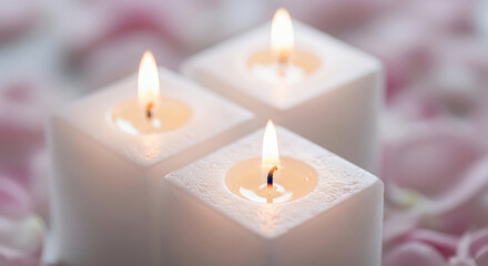 Three Square Candles Burning Brightly on a Bed of Soft Pink Petals A Calming and Elegant Still Life Composition with Warm Light and Gentle Shadows