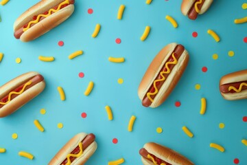 Delicious hot dogs with mustard and ketchup lying on a vibrant blue background, adorned with french fries and colorful confetti, creating a playful and appetizing scene