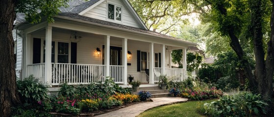 Exterior view of a white house with a porch and surrounding greenery