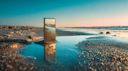 A smartphone rests in wet sand as seawater pulls back, reflecting the sunrise and blue sky. The scene shows clear details and realistic colors at the beach